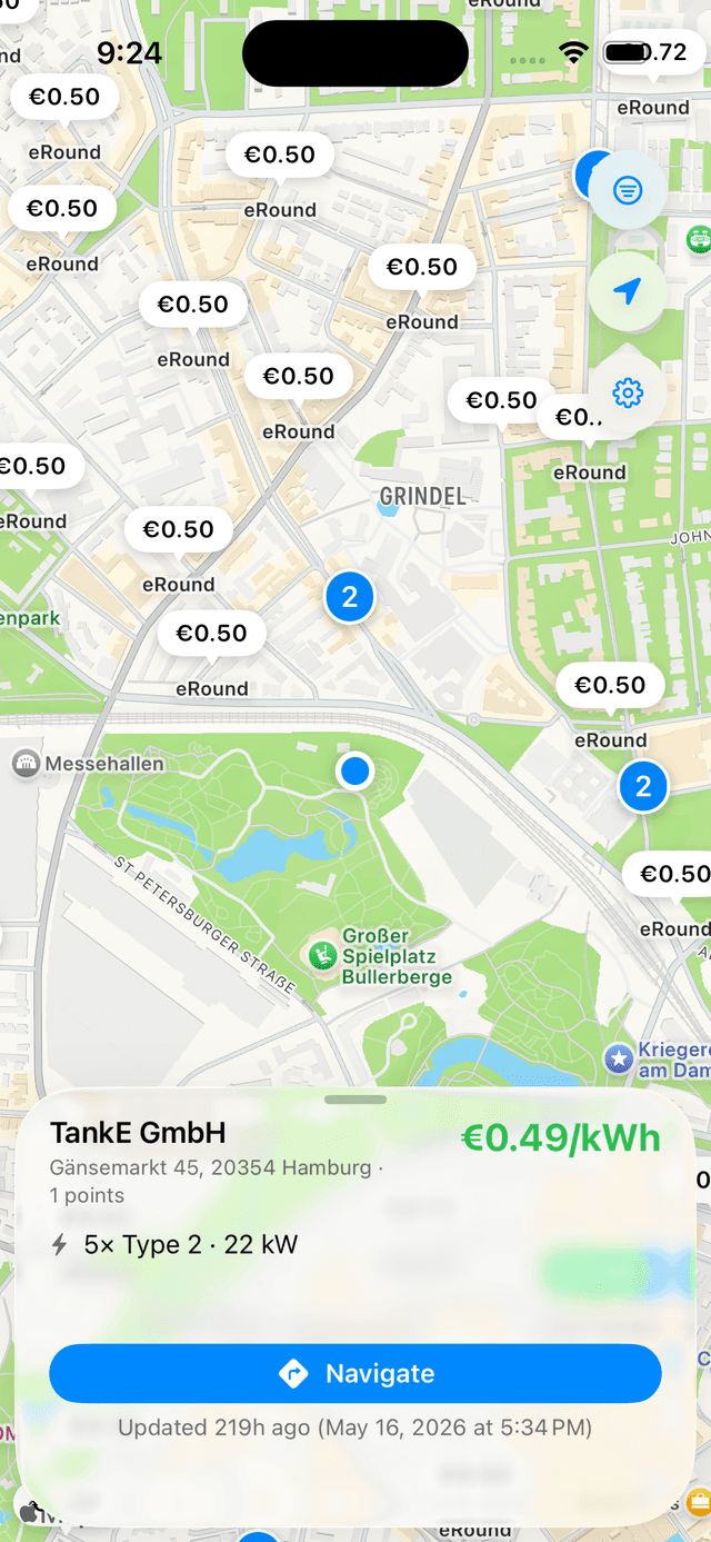Fernweh Charge charger-detail sheet showing €/kWh price, operator name, and station address