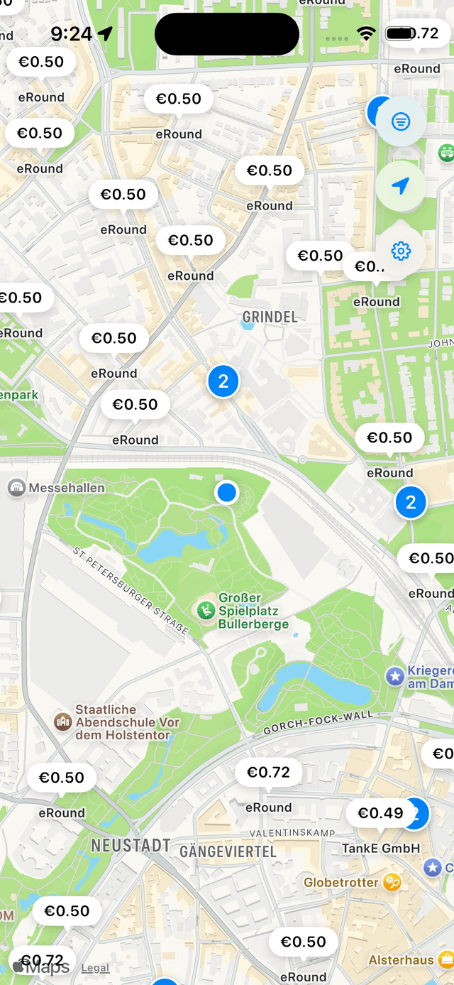 Fernweh Charge map showing EV charging-station pins coloured by price across Germany