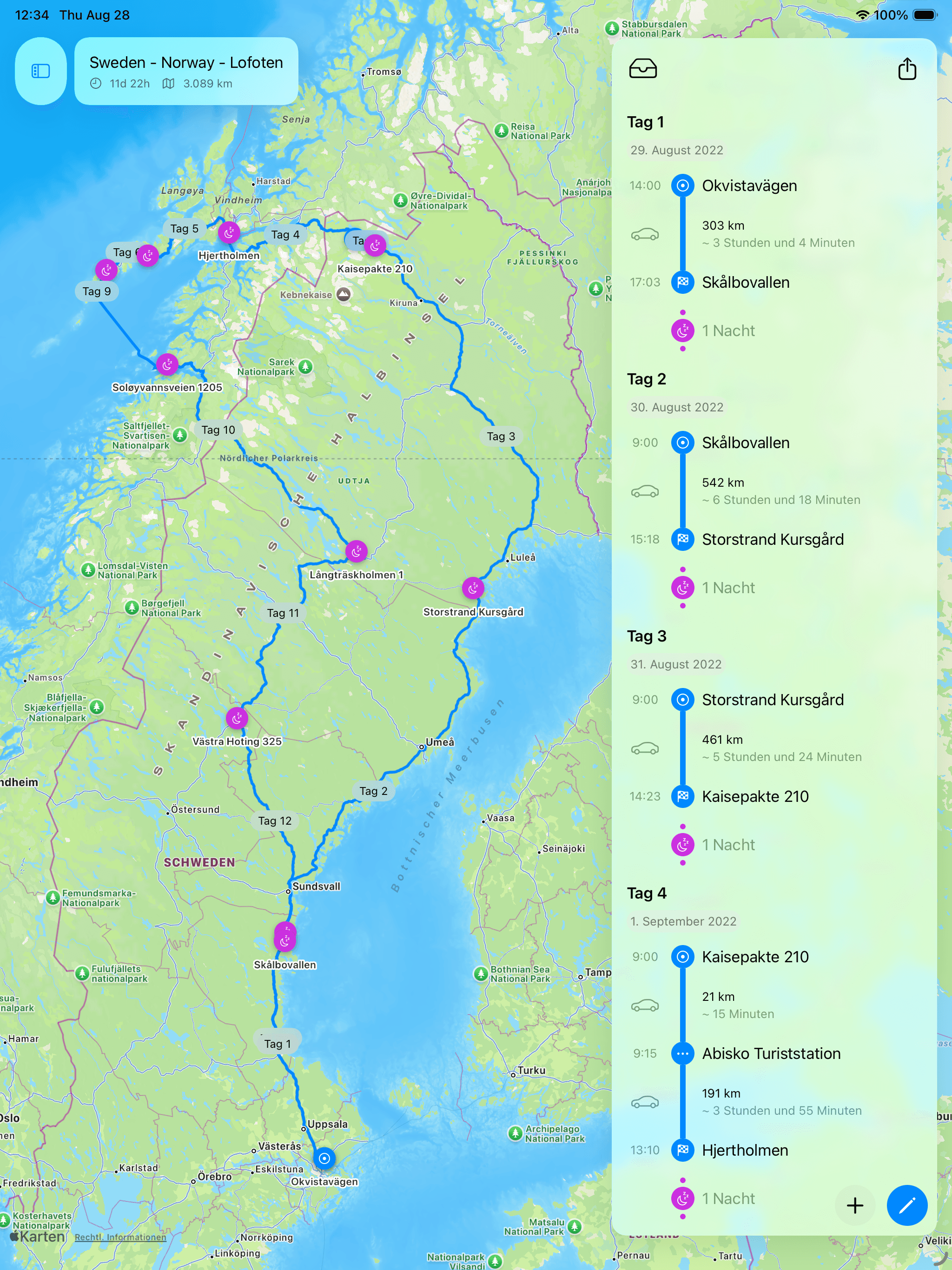 Fernweh App-Screenshot zeigt Routenplanung