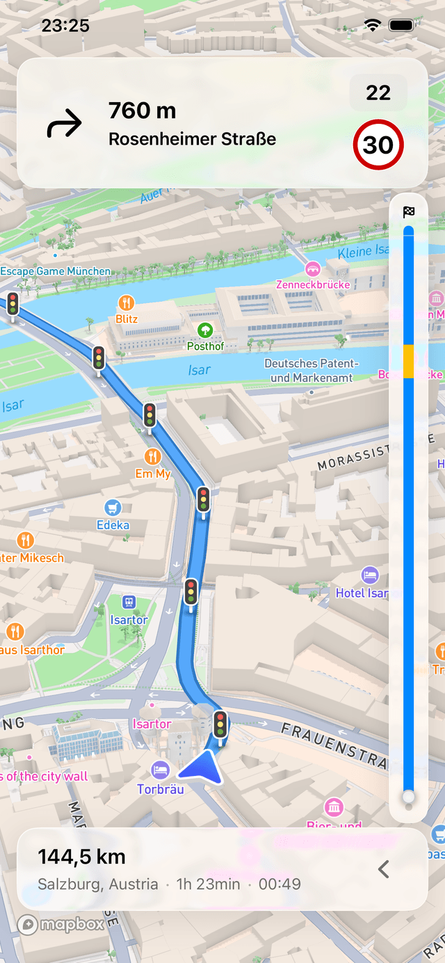 Fernweh-App-Screenshot mit abbiegegenauer Navigation
