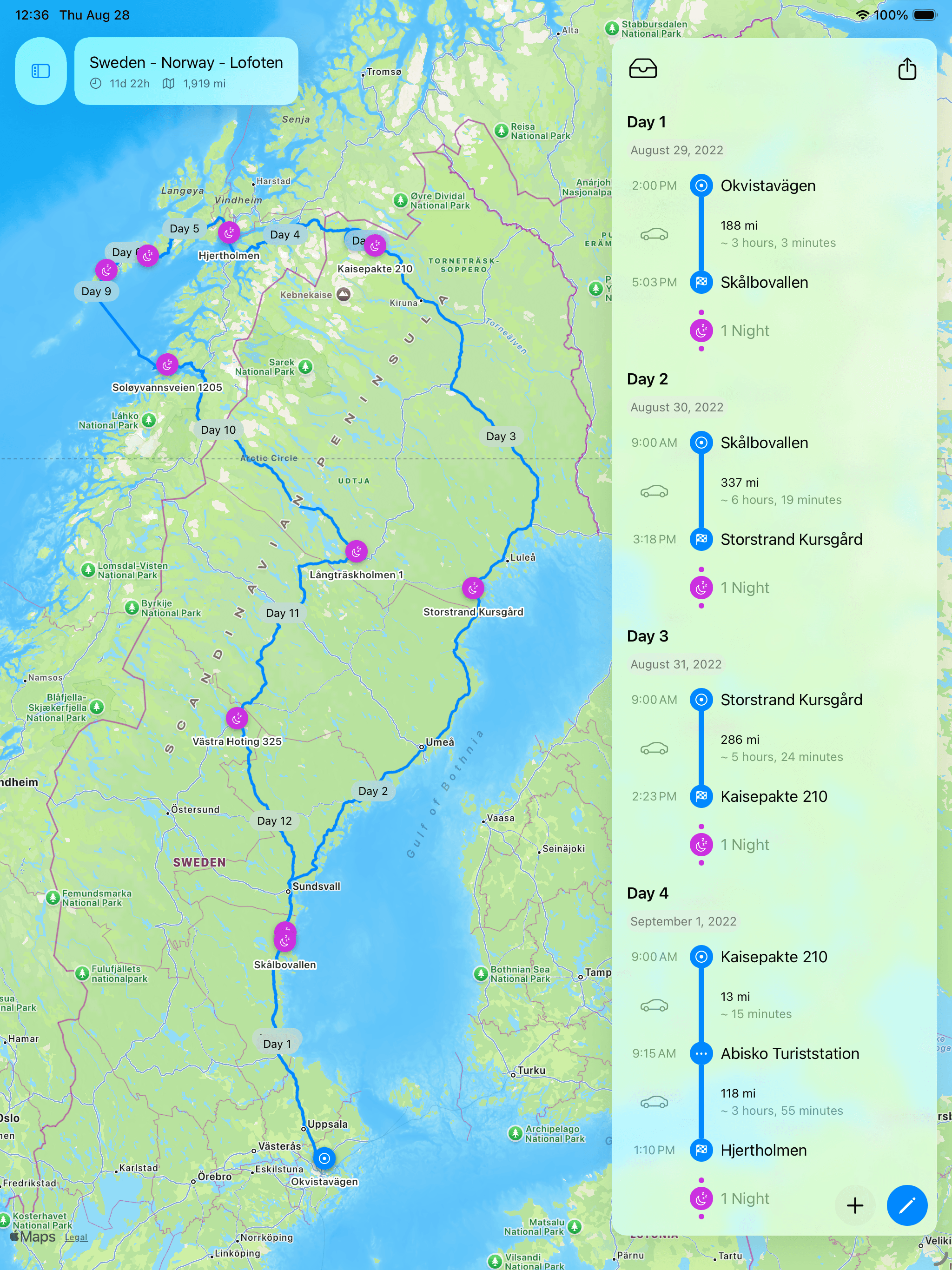 Fernweh app screenshot showing route planning