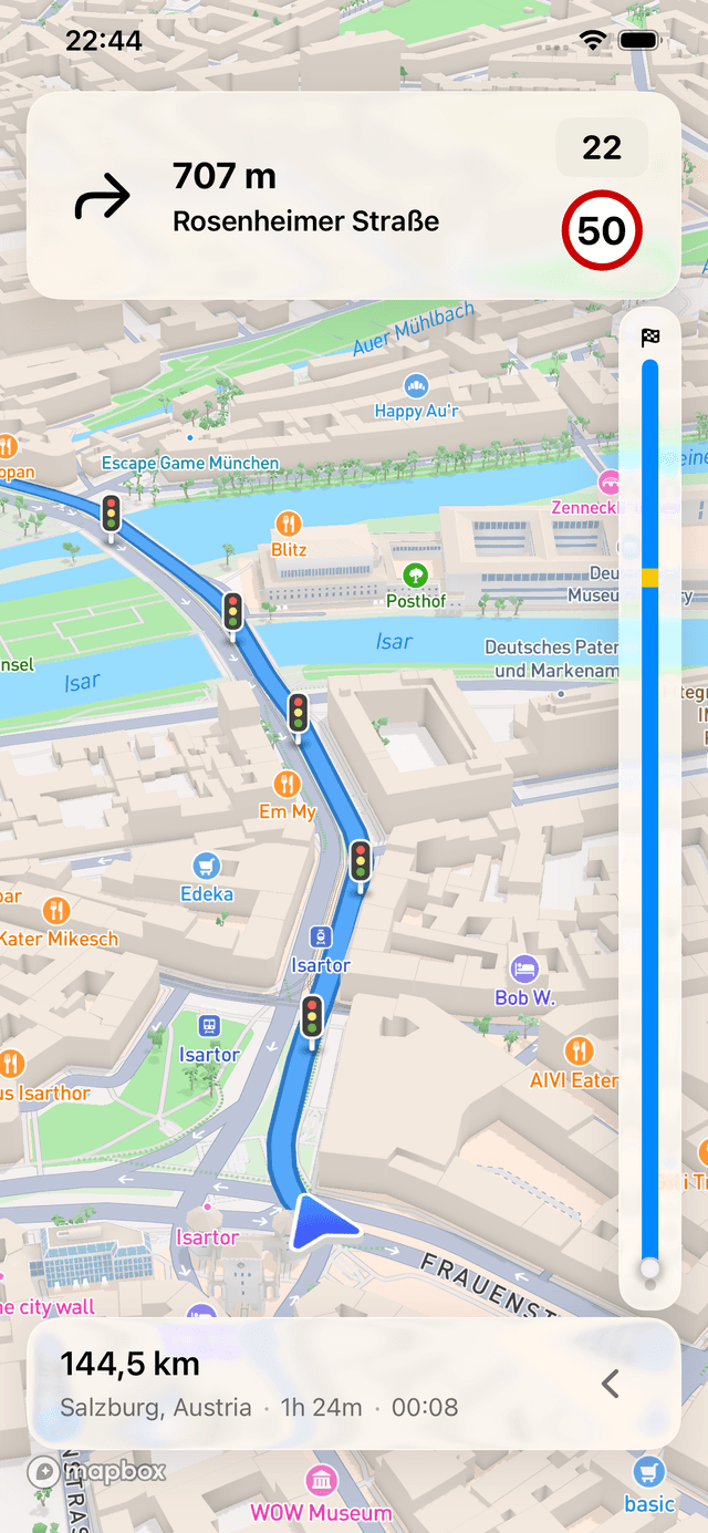 Fernweh app screenshot showing turn-by-turn navigation
