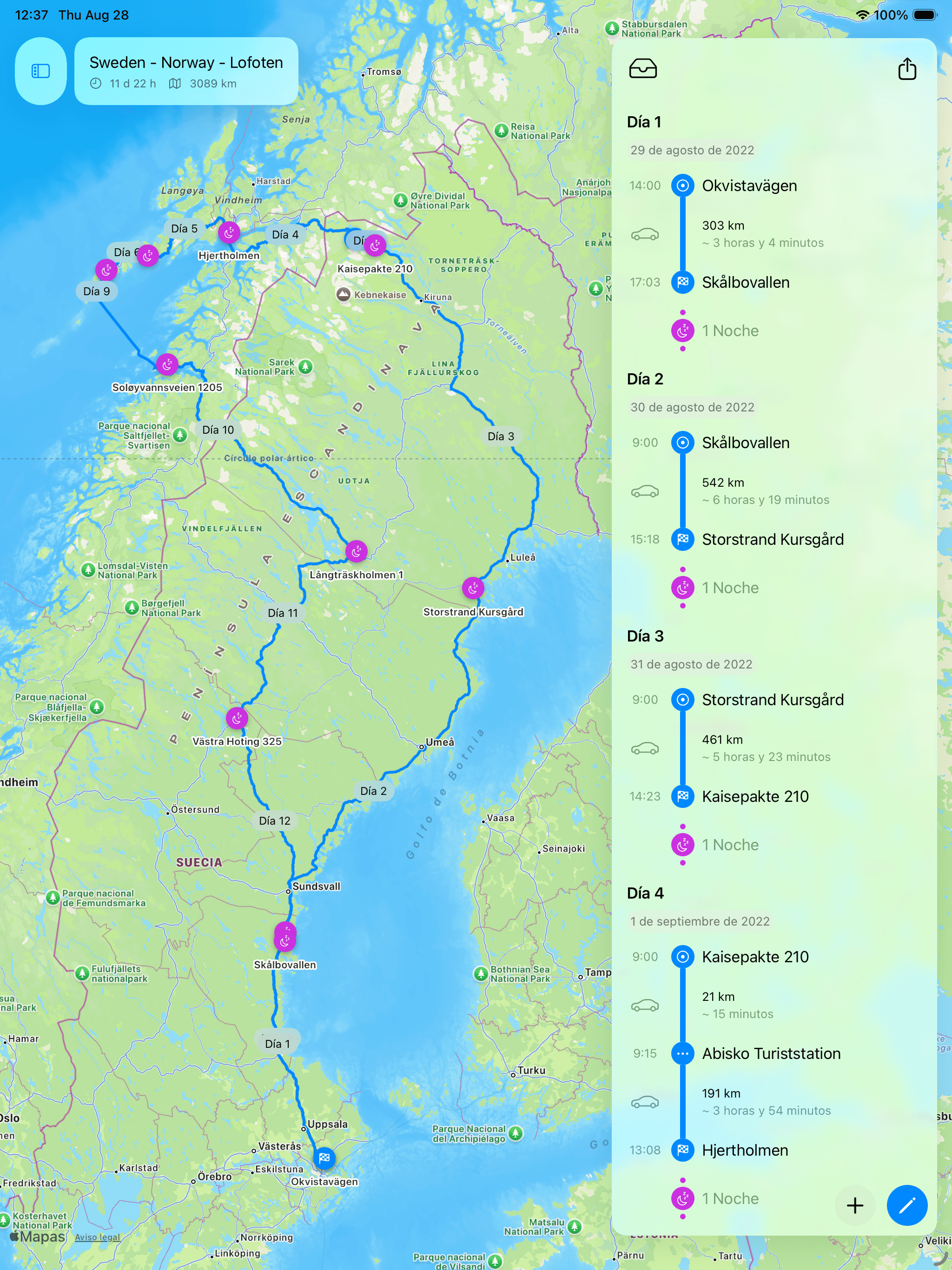 Captura de pantalla de la aplicación Fernweh mostrando la planificación de rutas