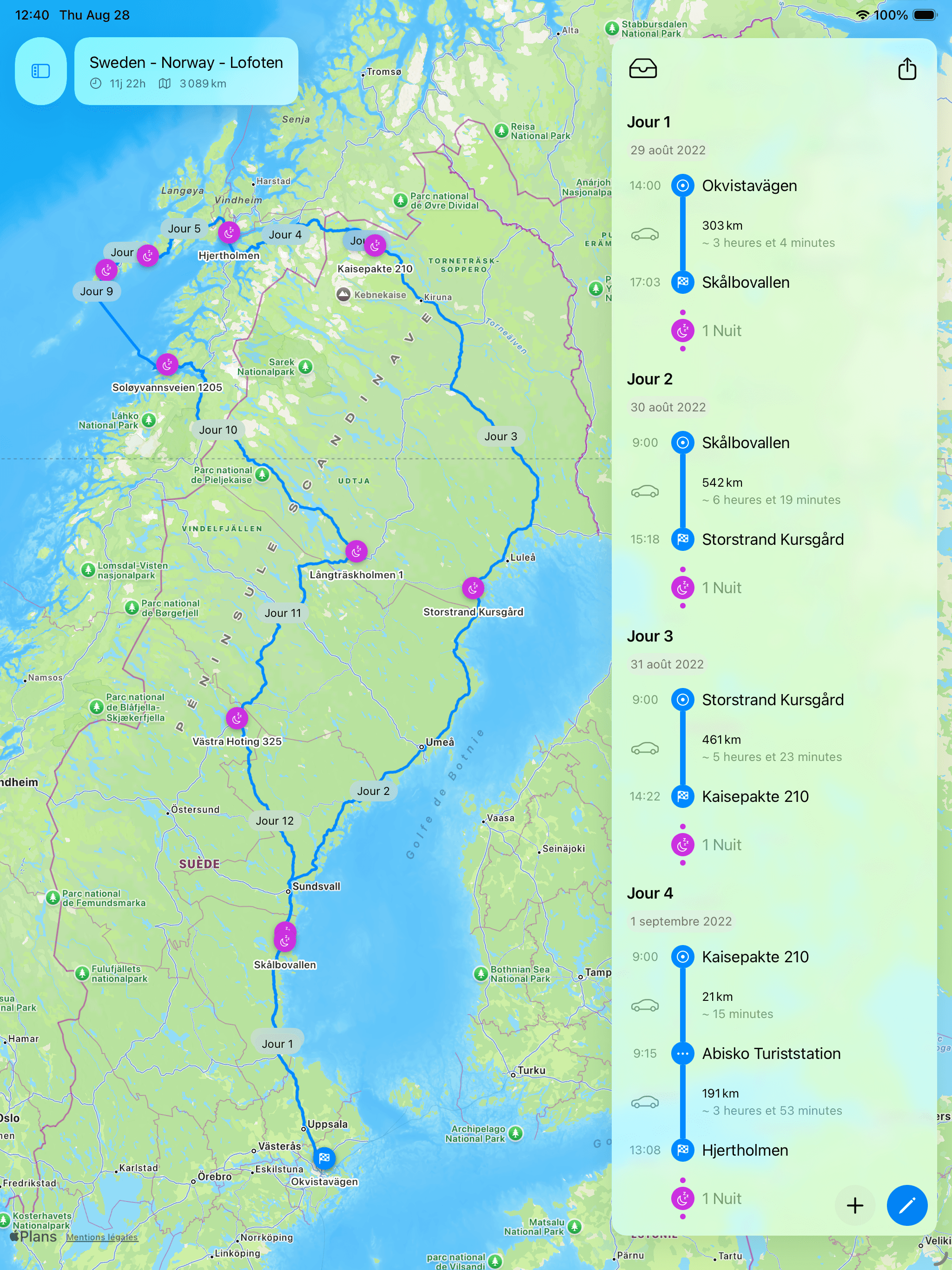 Capture d'écran de l'application Fernweh montrant la planification d'itinéraire