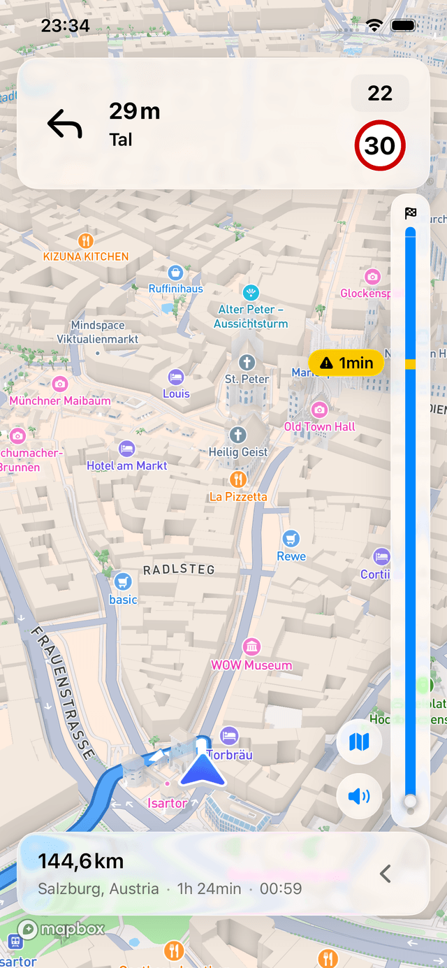 Capture d'écran de l'app Fernweh montrant la navigation virage par virage