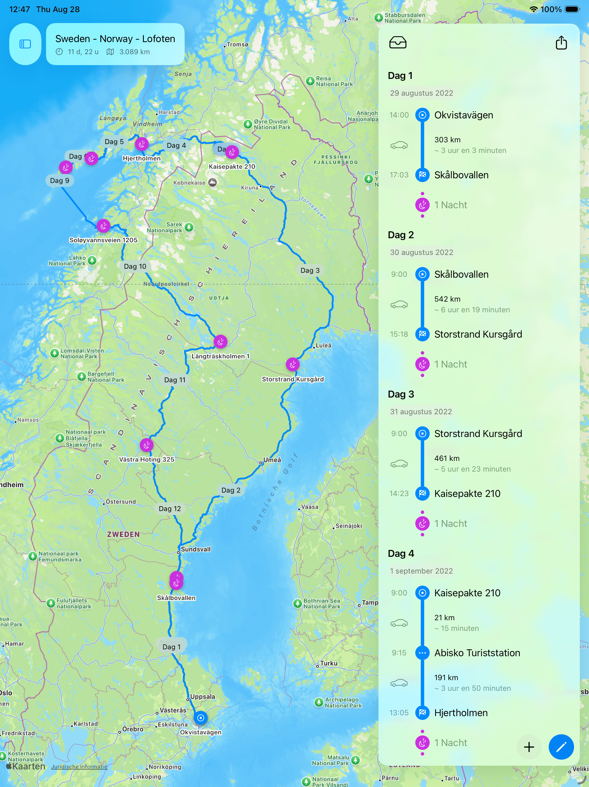 Schermafbeelding van de Fernweh-app met routeplanning