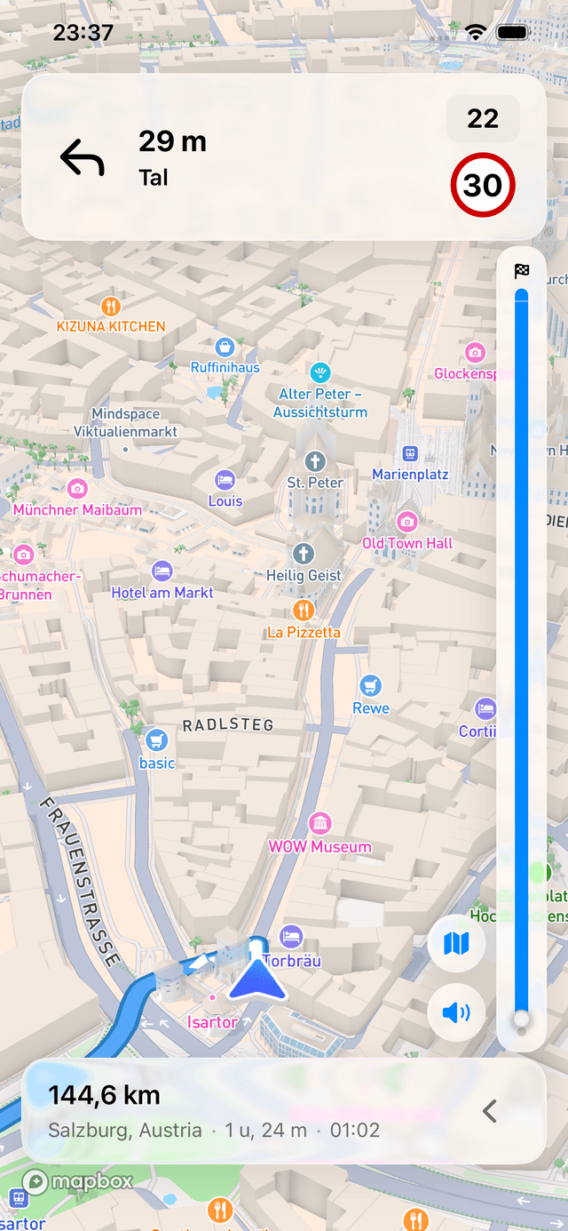 Schermafbeelding van de Fernweh-app met bocht-voor-bocht-navigatie
