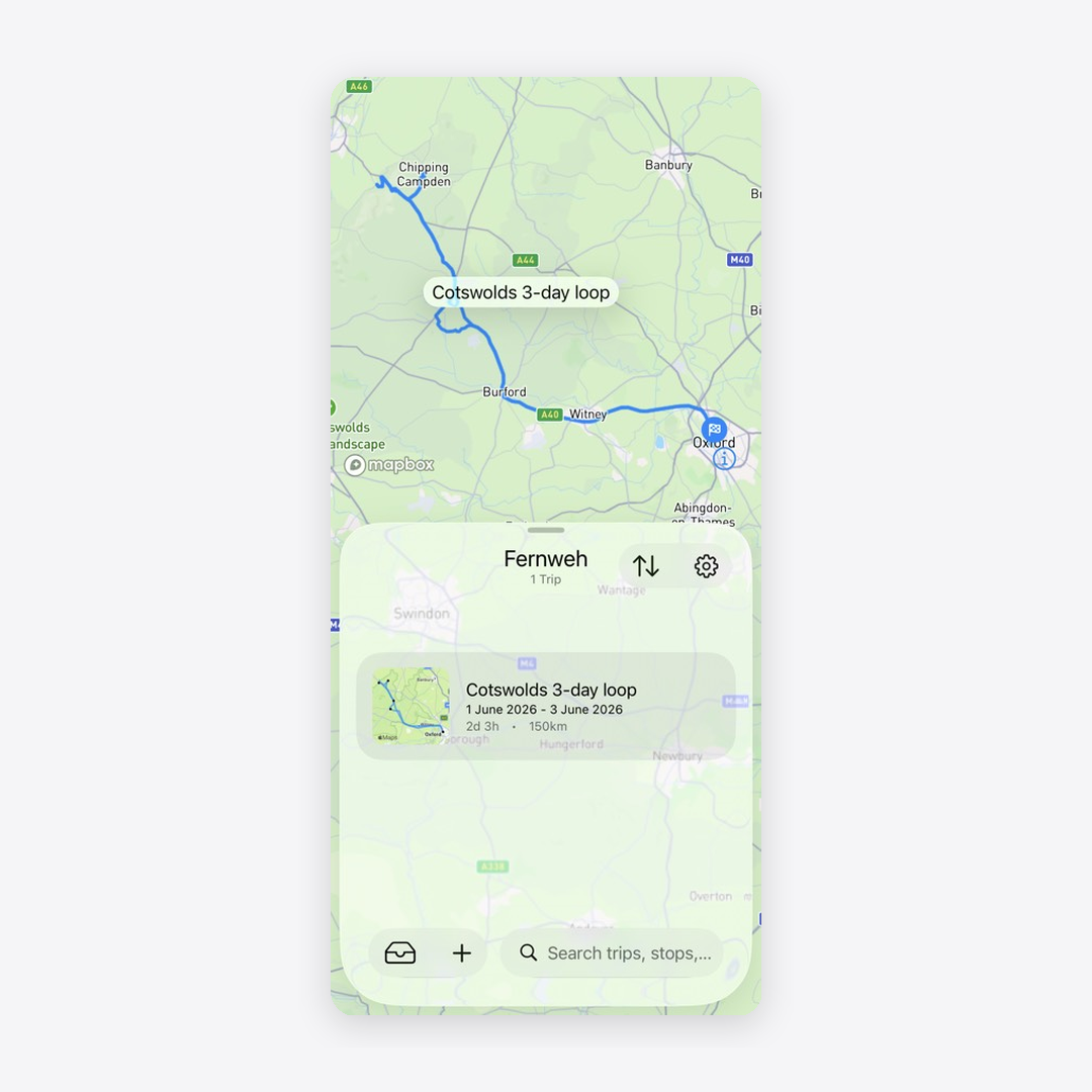 Cotswolds 3-day loop in Fernweh โ map overview with route and trip card