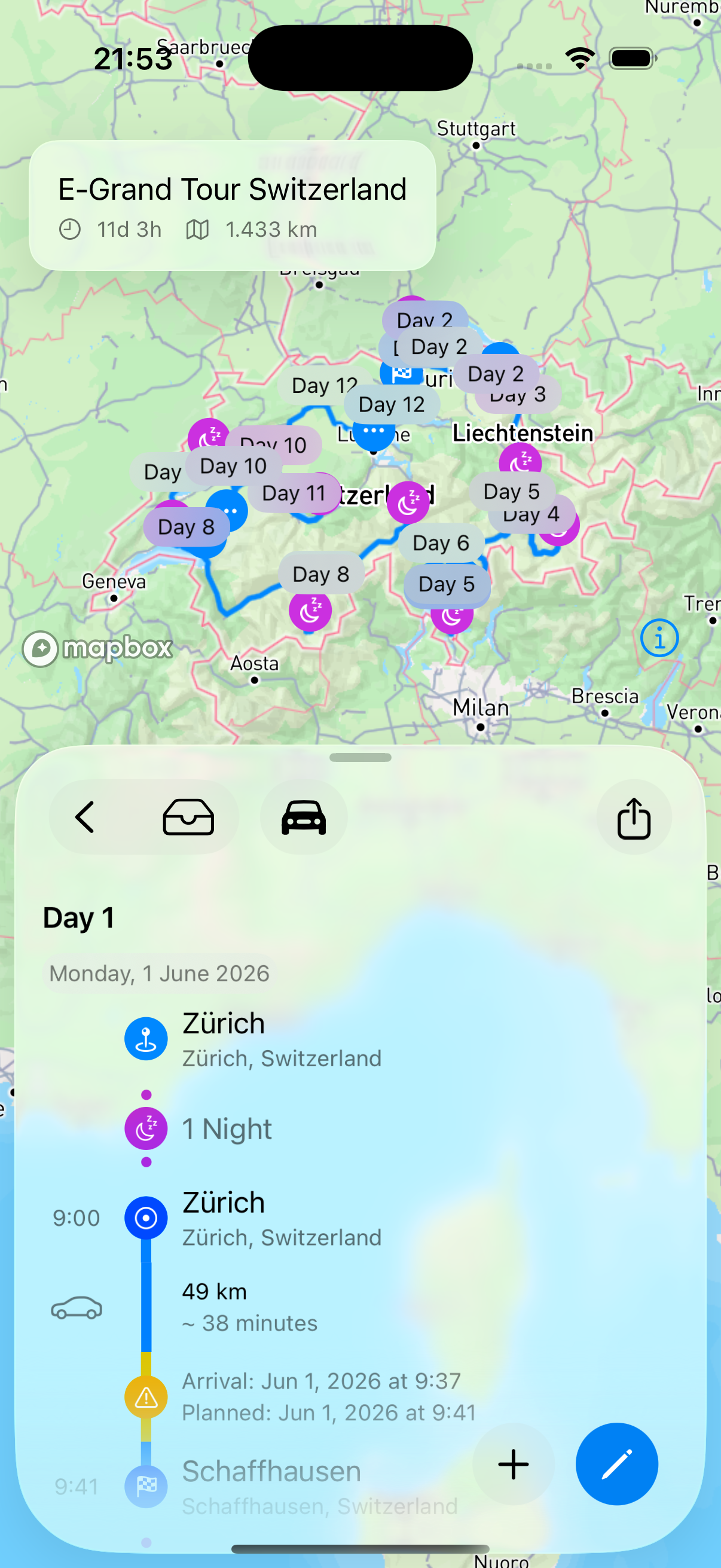 E-Grand Tour Switzerland mapped in Fernweh — full 20-stop loop with day markers and Day 1 itinerary