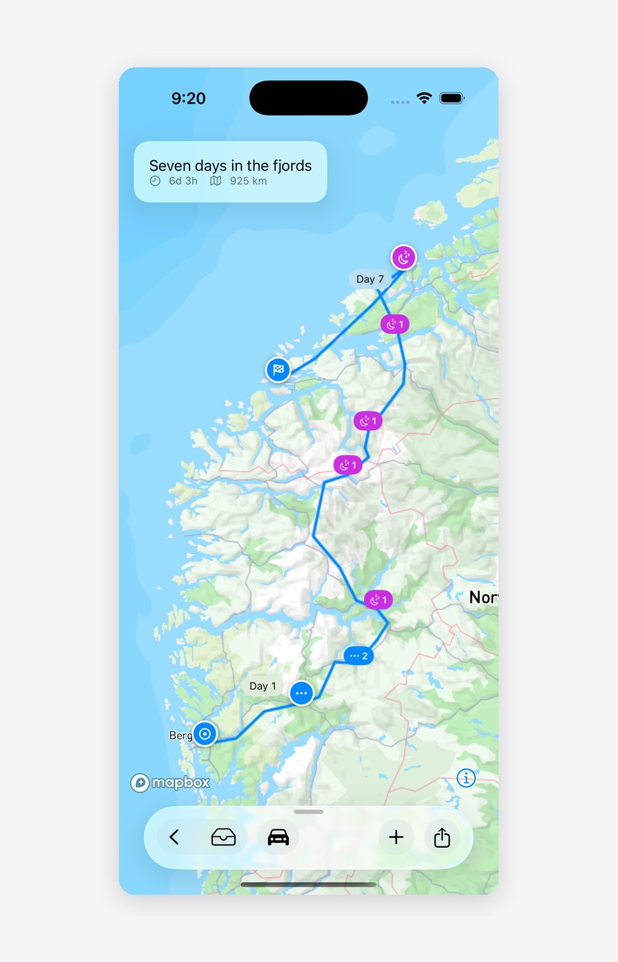 The full seven-day route from Bergen north to Ålesund, with an overnight marked at each base town