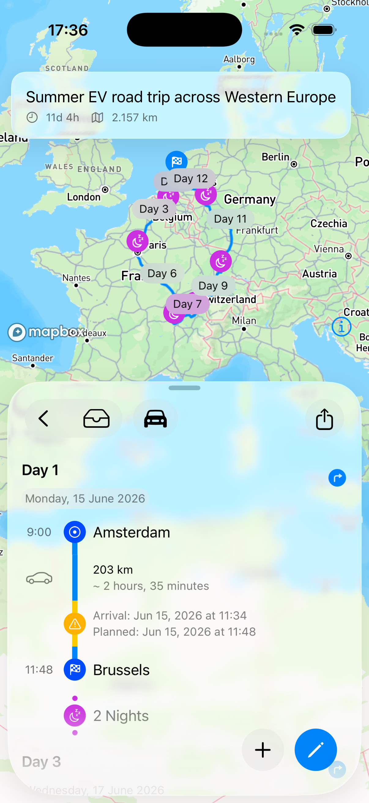 The same Western Europe trip in Fernweh โ Day 1 leg from Amsterdam to Brussels showing the 203 km drive, 2-hour-35-minute duration, planned and actual arrival times, and the 2-night stay in Brussels before the next leg